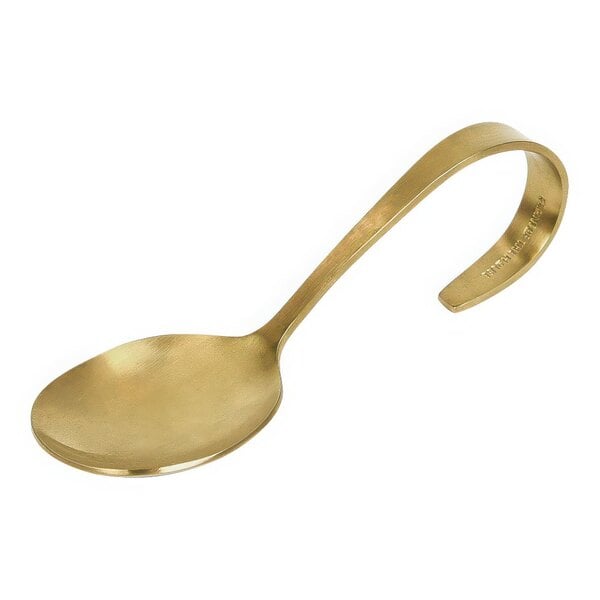 A Front of the House Matte Brass Bent Sampler Taster Spoon with a long, curved handle.