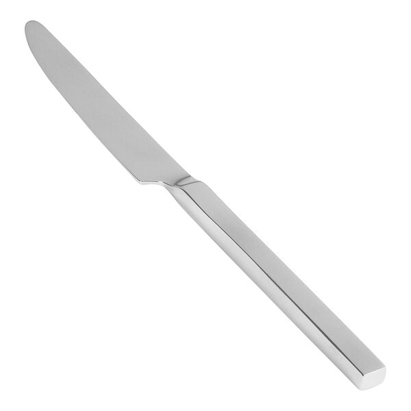 A Front of the House Brandon stainless steel dinner knife with a long handle.