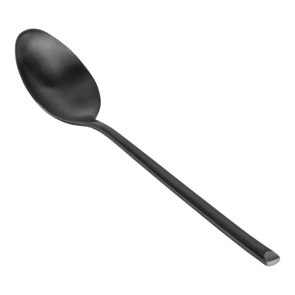 A Front of the House Jasper stainless steel dinner/dessert spoon with a matte black finish and a long handle.
