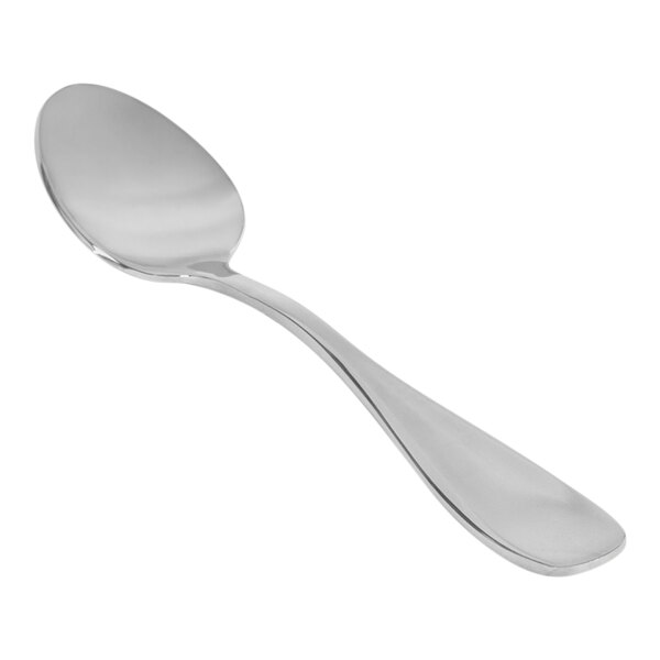 A close-up of a Front of the House Cameron stainless steel demitasse spoon with a silver handle.