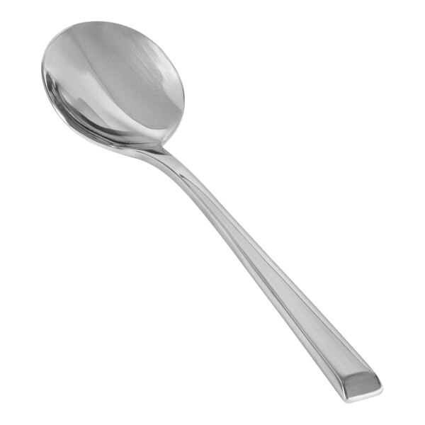 A close-up of the front of a silver Front of the House Parker soup spoon with a long handle.