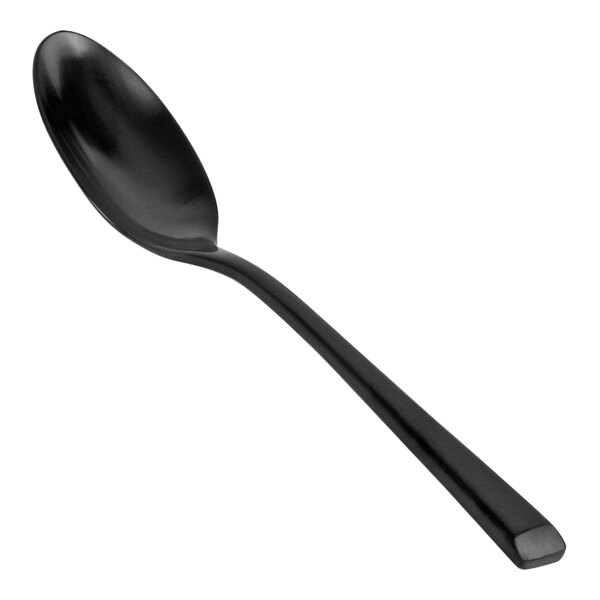 A Front of the House Parker matte black stainless steel teaspoon with a long handle.