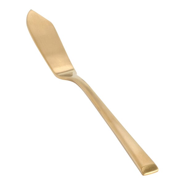 A close-up of a Front of the House Parker stainless steel butter knife with a matte brass finish.
