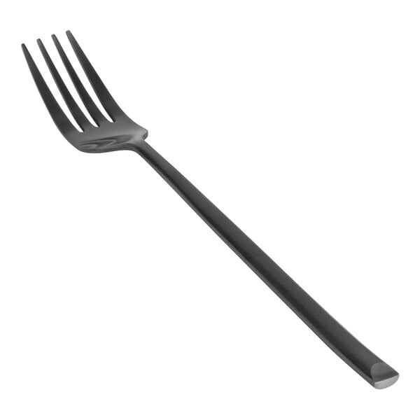 A close-up of a Front of the House Jasper stainless steel dinner fork with a black handle.