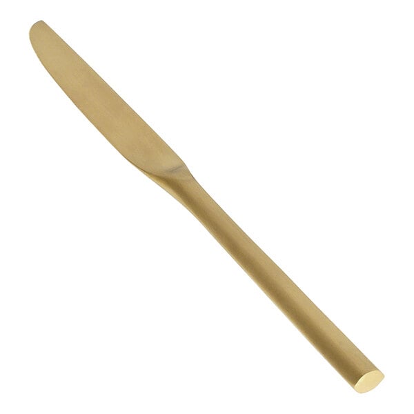 A close-up of a Front of the House Hector stainless steel dinner knife with a matte brass finish.