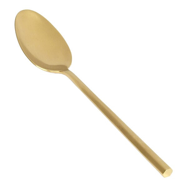 A close-up of a Front of the House Hector stainless steel dinner/dessert spoon with a matte brass finish.