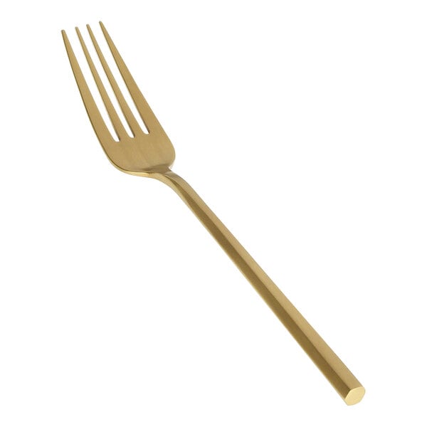 A close-up of a Front of the House Hector stainless steel dinner fork with a gold matte handle.