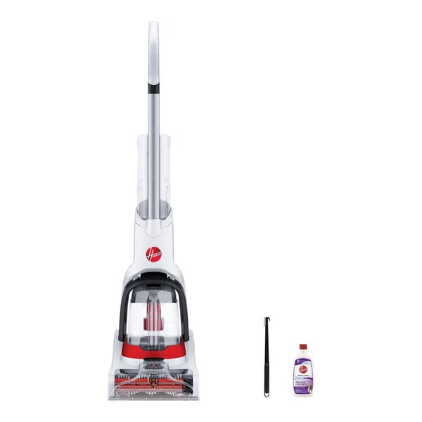 A white and red Hoover PowerDash Pet+ compact carpet cleaner.