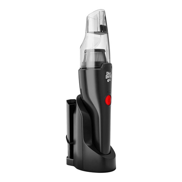 A black and red Dirt Devil cordless hand vacuum with a red button.