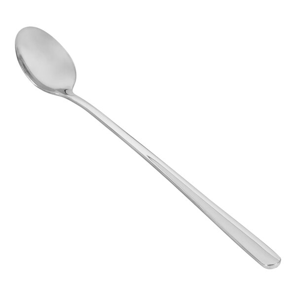 A close up of a Front of the House Classic stainless steel iced tea spoon.