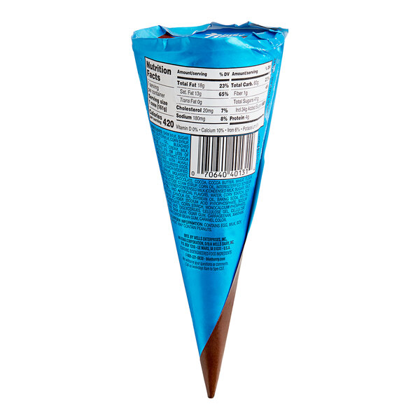 A Blue Bunny brownie sundae cone with a brown and white label.