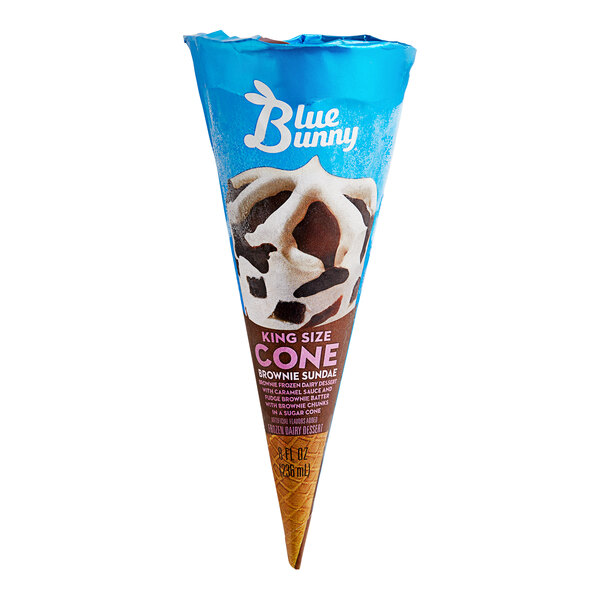 A Blue Bunny brownie sundae frozen dessert cone with a blue label.