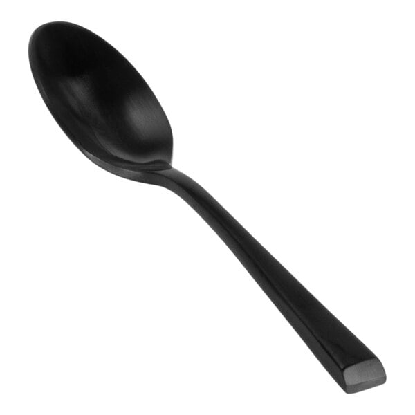 A Front of the House matte black stainless steel demitasse spoon with a long handle.