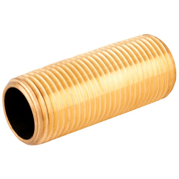 A close-up of a gold pipe with threads.