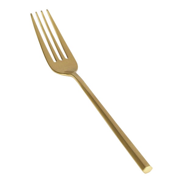 A close-up of the front of a Hector stainless steel salad/dessert fork with a matte brass finish.