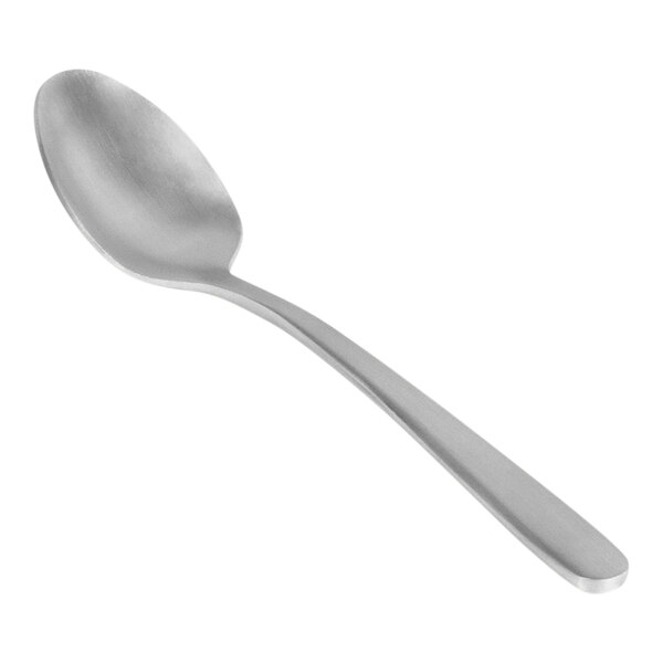 A Front of the House brushed stainless steel demitasse spoon with a silver handle.