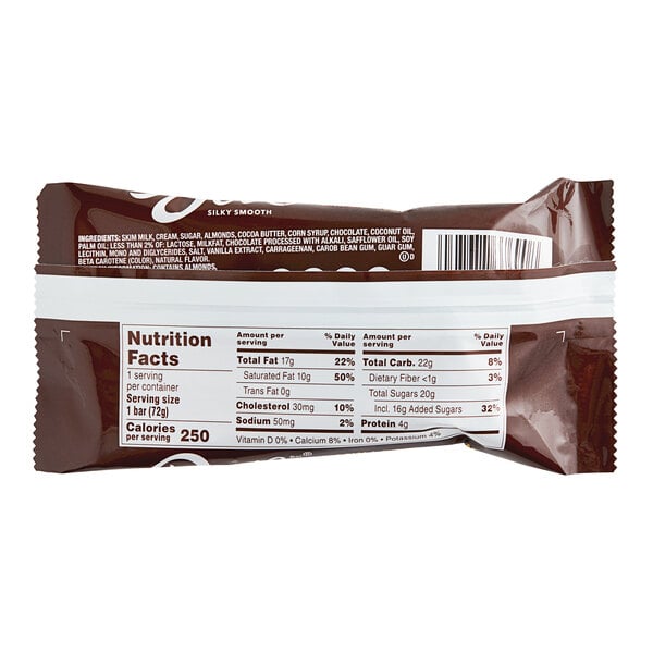 A close-up of a DOVE Milk Chocolate and Almond Ice Cream Bar package with nutrition information on it.
