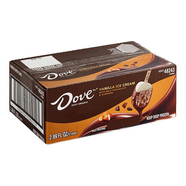 A case of 12 DOVE Milk Chocolate and Almond ice cream bars.