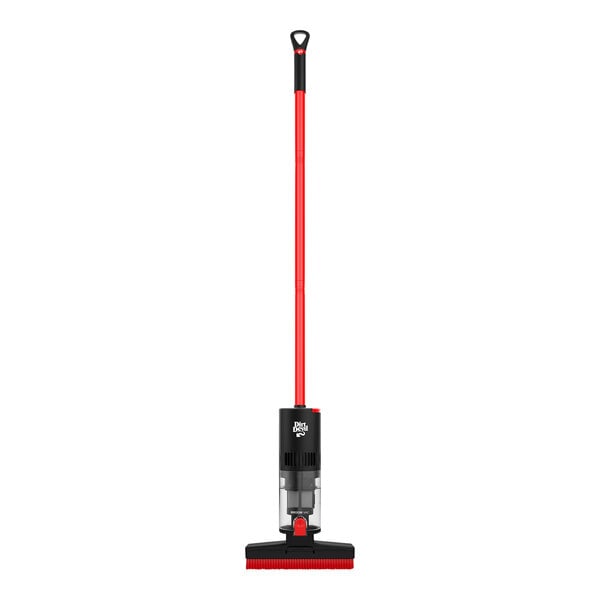 A red and black Dirt Devil cordless broom vacuum with a long red handle.