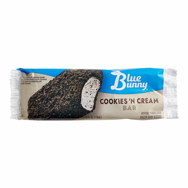 A close up of a Blue Bunny package of Cookies 'n Cream Frozen Dessert Bars.