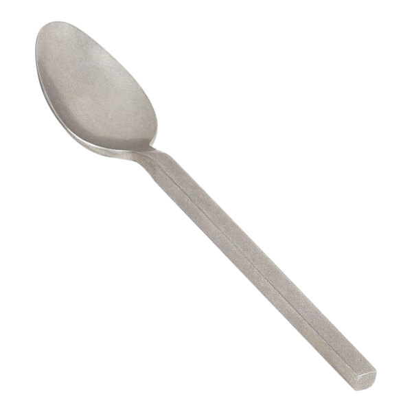 A Front of the House Brandon stainless steel teaspoon with an antique metal handle on a white background.