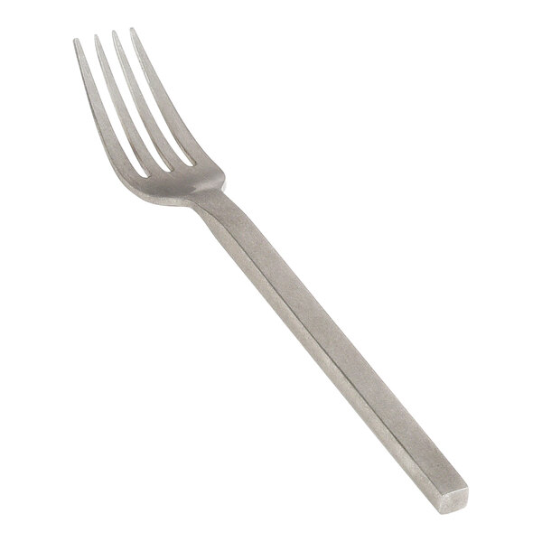 A close-up of a Front of the House Brandon stainless steel dinner fork with an antique silver finish.