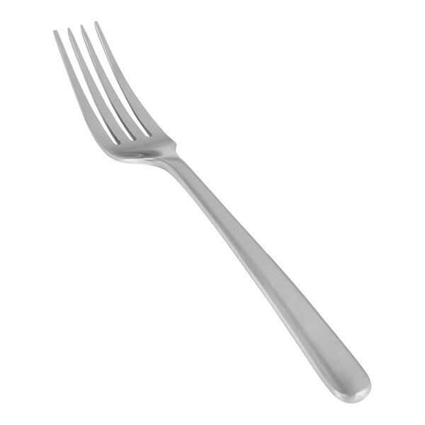 The front of a silver Front of the House Oliver stainless steel dinner fork.