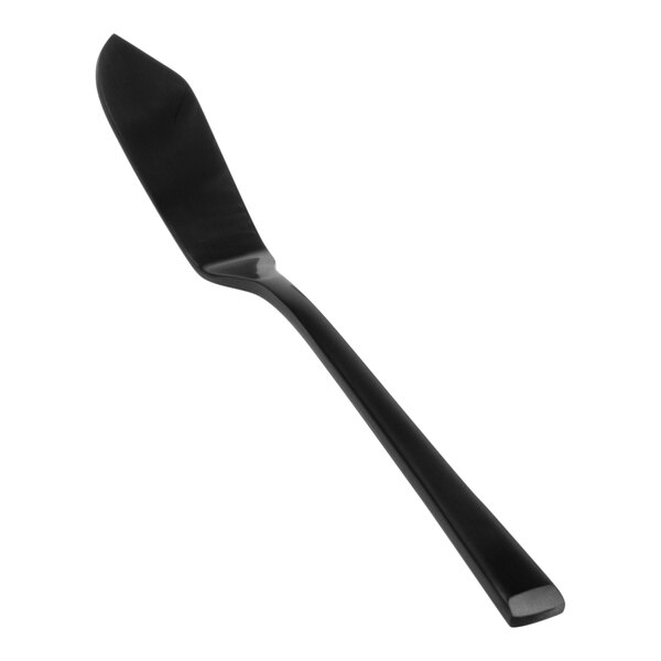 A black butter knife with a matte finish on a white background.