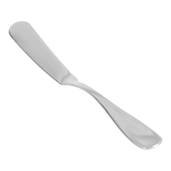 A Front of the House Cameron stainless steel butter knife with a white background.