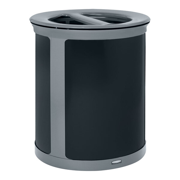 A black and grey Rubbermaid dual stream trash can with a lid.