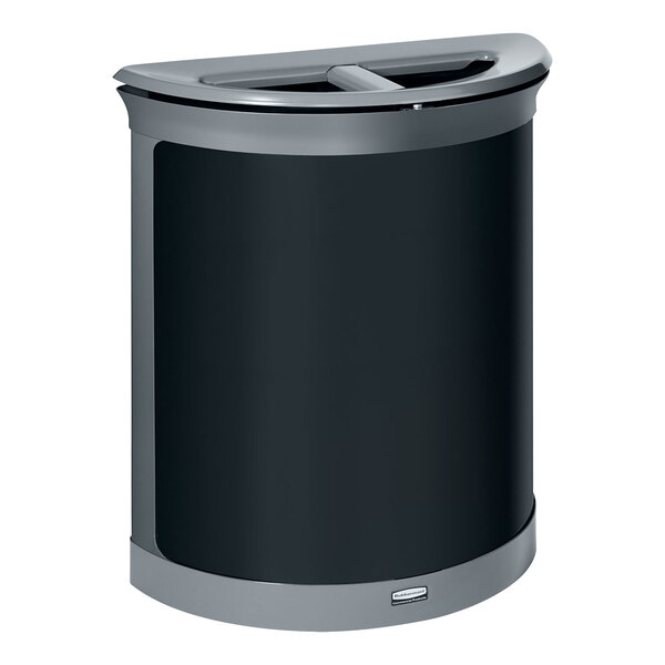 A black and grey Rubbermaid Enhance half round dual stream trash can.