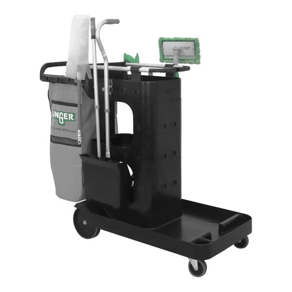 A Unger ZoneCleanRx cleaning cart with a green handle and grey bag.