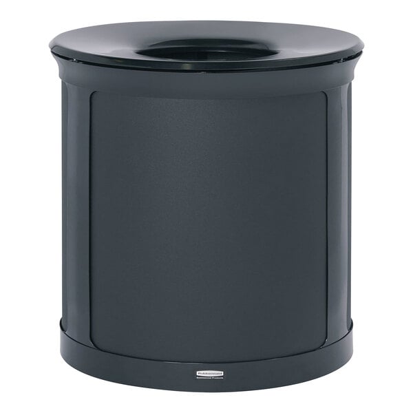 A black Rubbermaid Enhance decorative waste receptacle with a round lid.