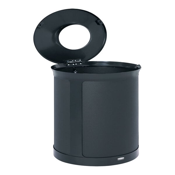 A Rubbermaid black decorative waste receptacle with a round lid on it.