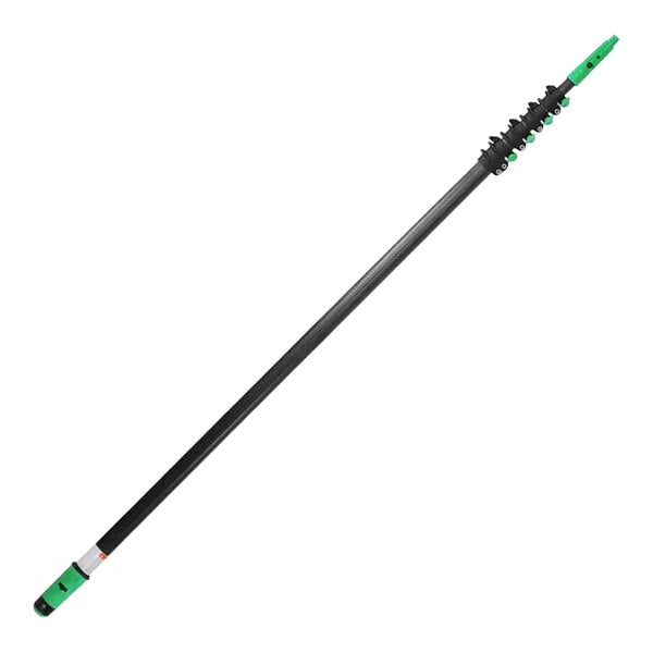 A Unger carbon fiber telescoping pole with black and green sections and a green handle.