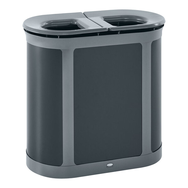 A black and grey Rubbermaid dual stream trash can.