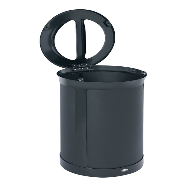 A black Rubbermaid Dual Stream Decorative Waste Receptacle with a lid.
