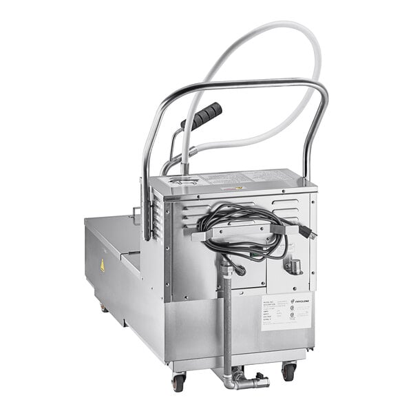 A Fryclone portable fryer oil filter machine with a hose and wires attached.