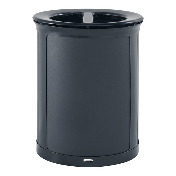 A black Rubbermaid dual stream trash can with a black lid.