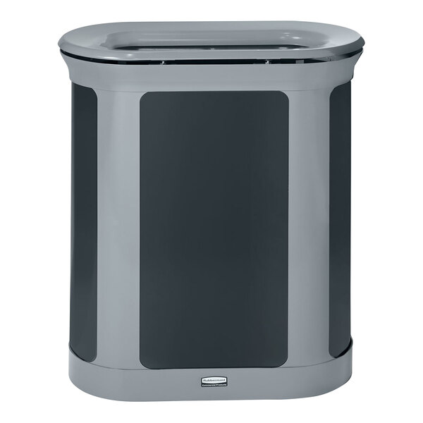 A grey rectangular Rubbermaid waste receptacle with a black lid.