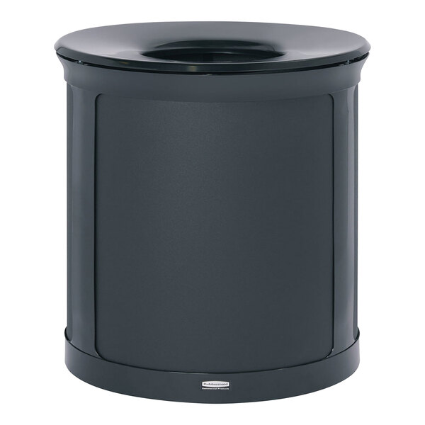 A black Rubbermaid round trash can with a hole in the top.