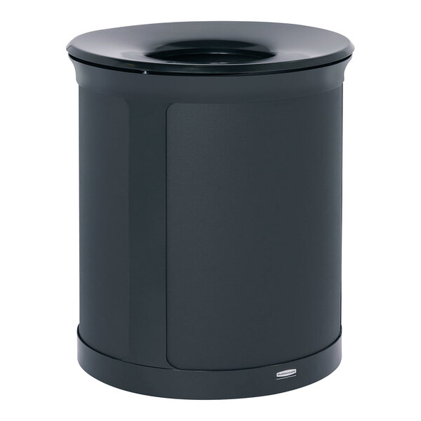 A black Rubbermaid round trash can with a lid.