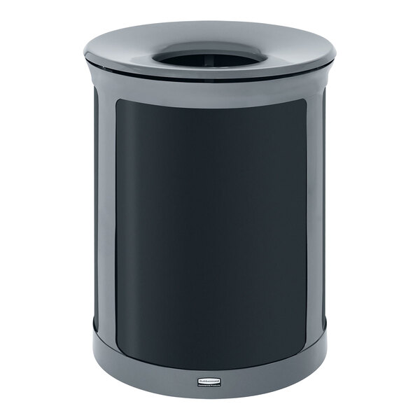A black and grey Rubbermaid decorative waste receptacle with a lid.