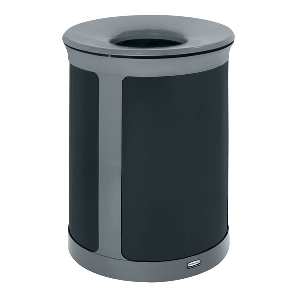 A black and grey Rubbermaid Enhance decorative trash can.