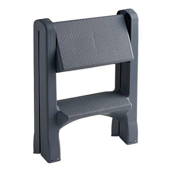 A grey plastic Lavex step stool with a black handle.