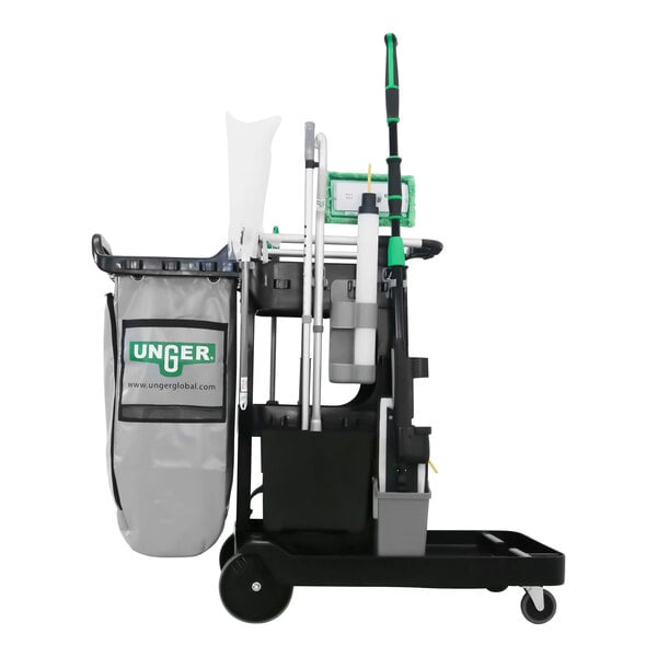 An Unger Spot Cleaning Janitorial Cart with a grey bag and a white logo on the front.