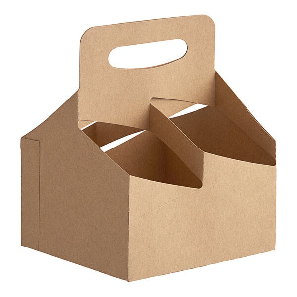 A brown cardboard Choice drink carrier with handles.