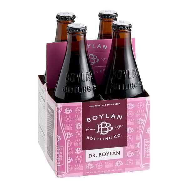 A four-pack of Boylan Bottling Co. Dr. Boylan soda in 12 fl. oz. glass bottles.