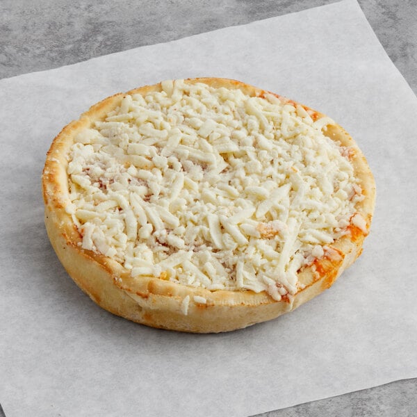 A Tony's deep dish cheese pizza on a piece of paper.