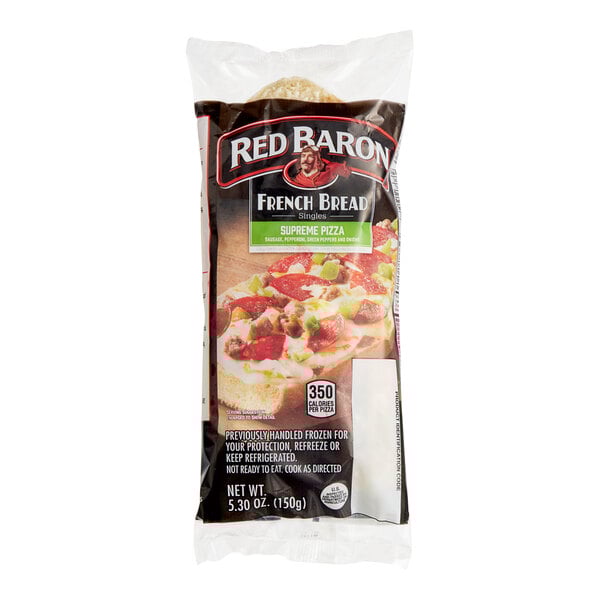 A bag of Red Baron French bread pizza with pepperoni and cheese on a white background.